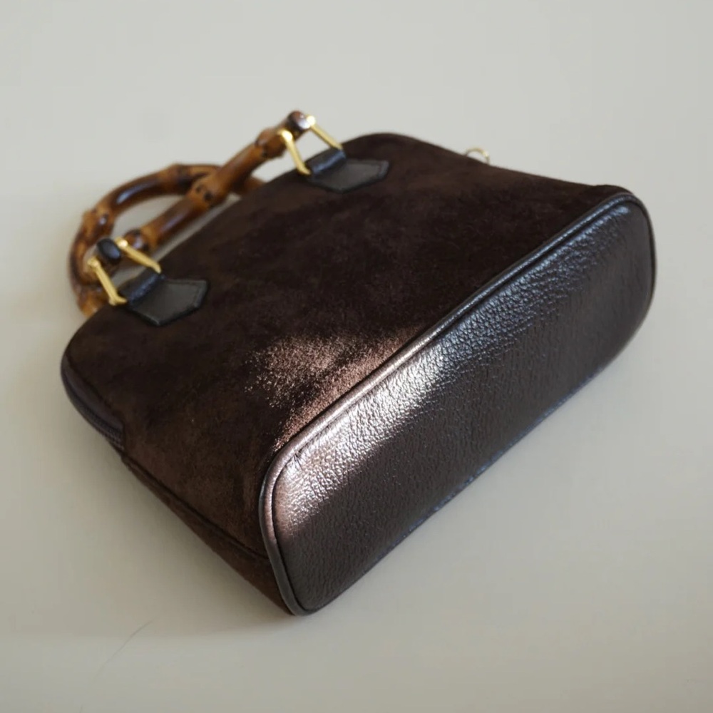 “Gucci” 80’s Brown Suede Mini Vintage Bamboo Handbag - Picture 5 of 10